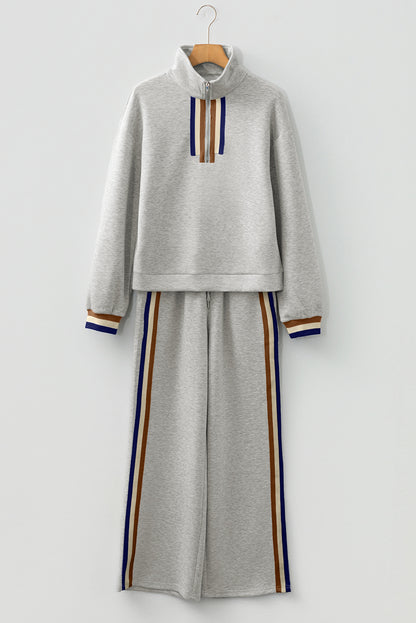 Gray Striped Patchwork Quarter Zip Pullover Loose Pant Set
