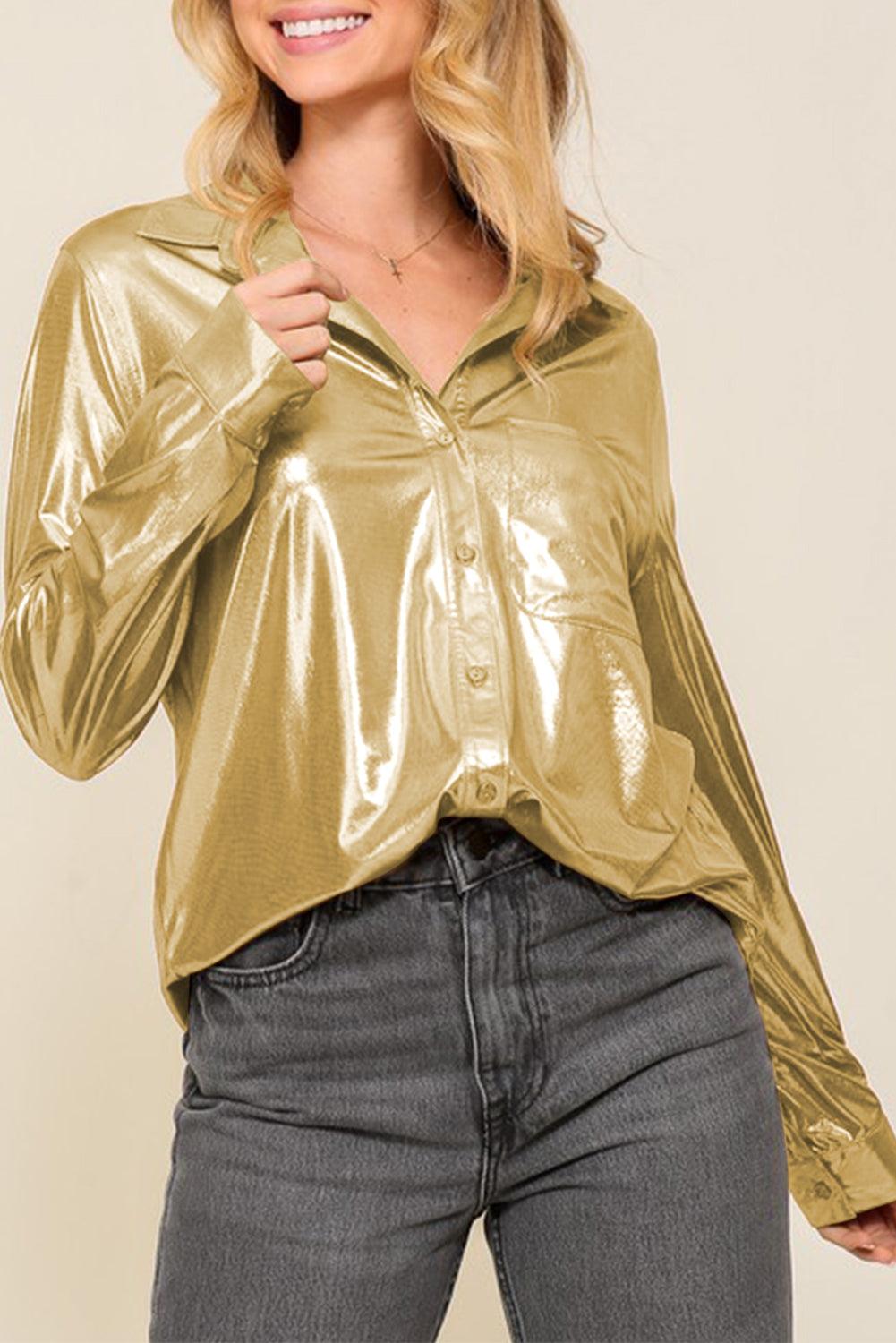 Gold Metallic Luster Chest Pocket Shirt - L & M Kee, LLC