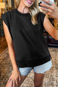 Black Solid Color Ribbed Trim Round Neck Cap Sleeve Casual Sweatshirt