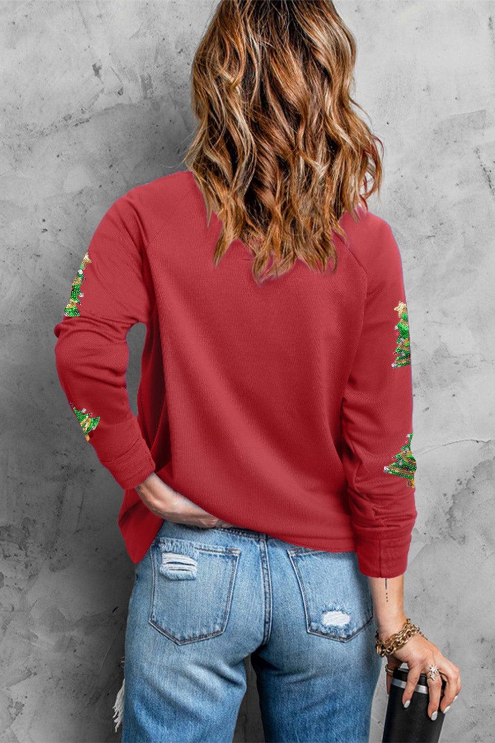 Red Sequined Christmas Tree Raglan Sleeve Sweatshirt - L & M Kee, LLC