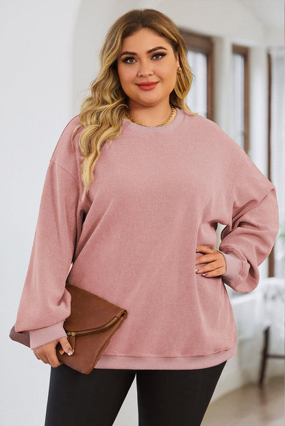 Pink Plus Size Corded Round Neck Sweatshirt - L & M Kee, LLC