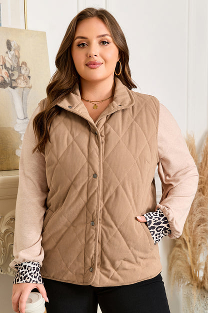 Camel Plus Size Quilted Cord Snap Button Vest Jacket
