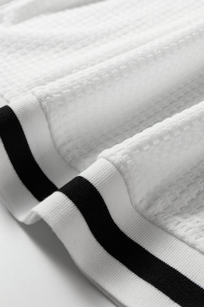 White Textured Knit Preppy Striped Trim V Neck Pullover Waffle Top