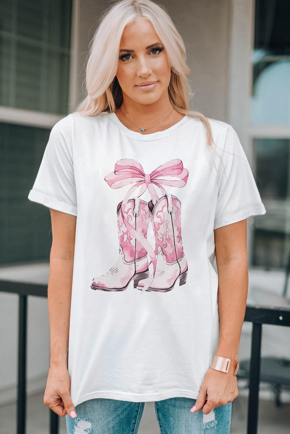 White Western Boots Bow Knot Print Crew Neck T Shirt - L & M Kee, LLC