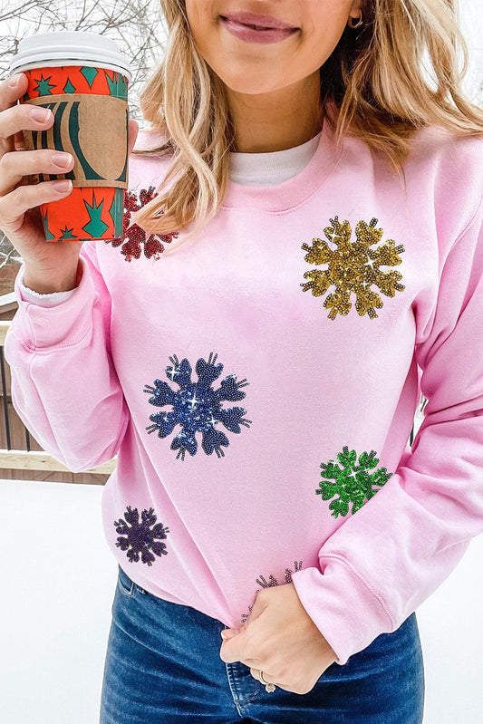 Pink Christmas Sequin Snowflake Pullover Sweatshirt - L & M Kee, LLC