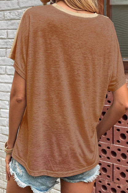 Brown Asymmetric Cut out Colorblock T Shirt - L & M Kee, LLC