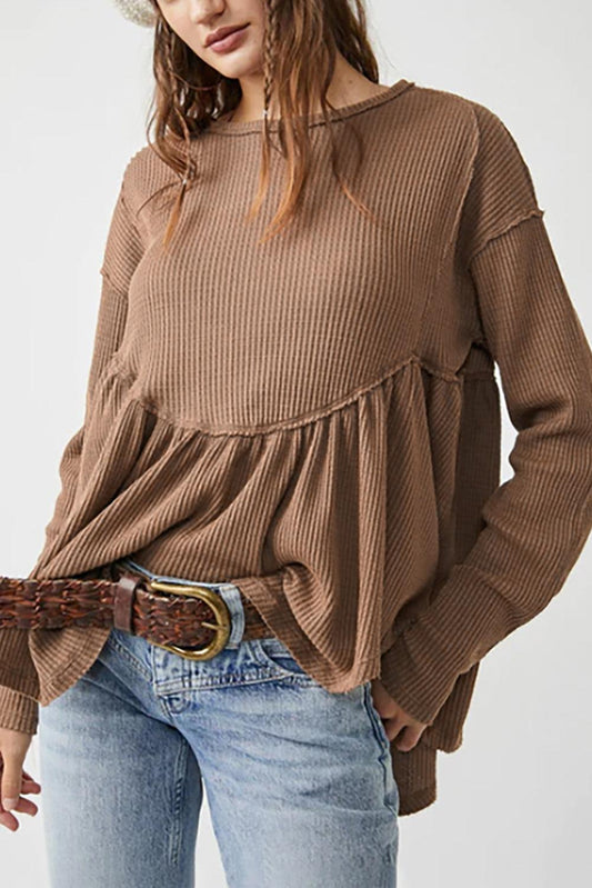 Brown Solid Color Ribbed Long Sleeve Peplum Blouse - L & M Kee, LLC
