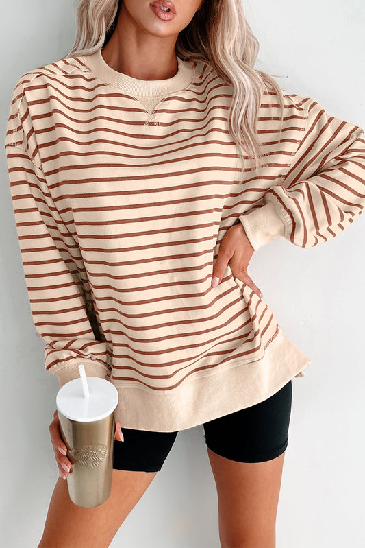 Khaki Stripe Ribbed Band Seam Detail Baggy Sweatshirt
