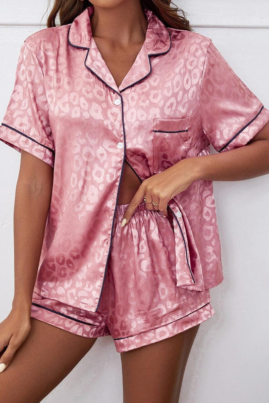 Pink Leopard Contrast Trim Satin 2pcs Short Pajama Set - L & M Kee, LLC