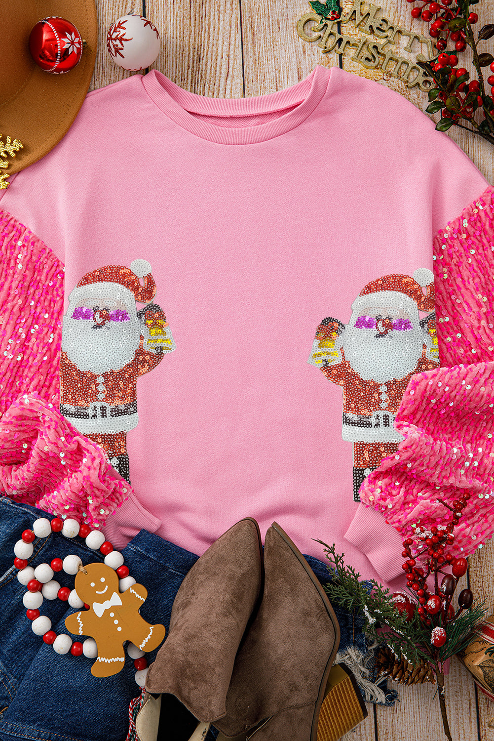 Pink Double Santa Claus Christmas Sequin Long Sleeve Top