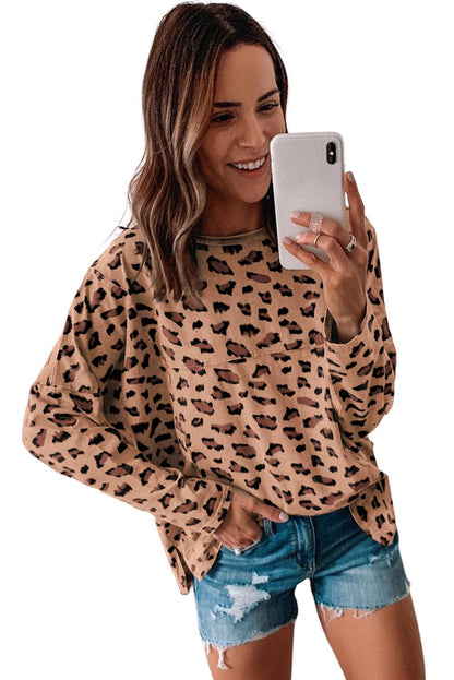 Leopard Animal Print Stitching Loose Long Sleeve Top - L & M Kee, LLC