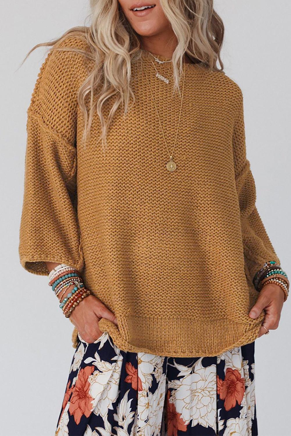 Beige Slouchy Textured Knit Loose Sweater - L & M Kee, LLC