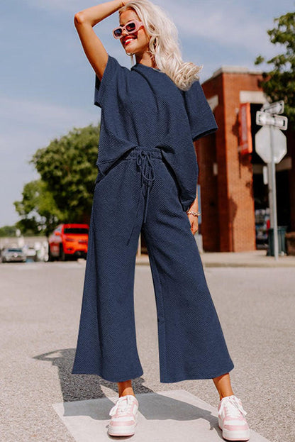 Navy Blue Textured Loose Fit T Shirt and Drawstring Pants Set - L & M Kee, LLC