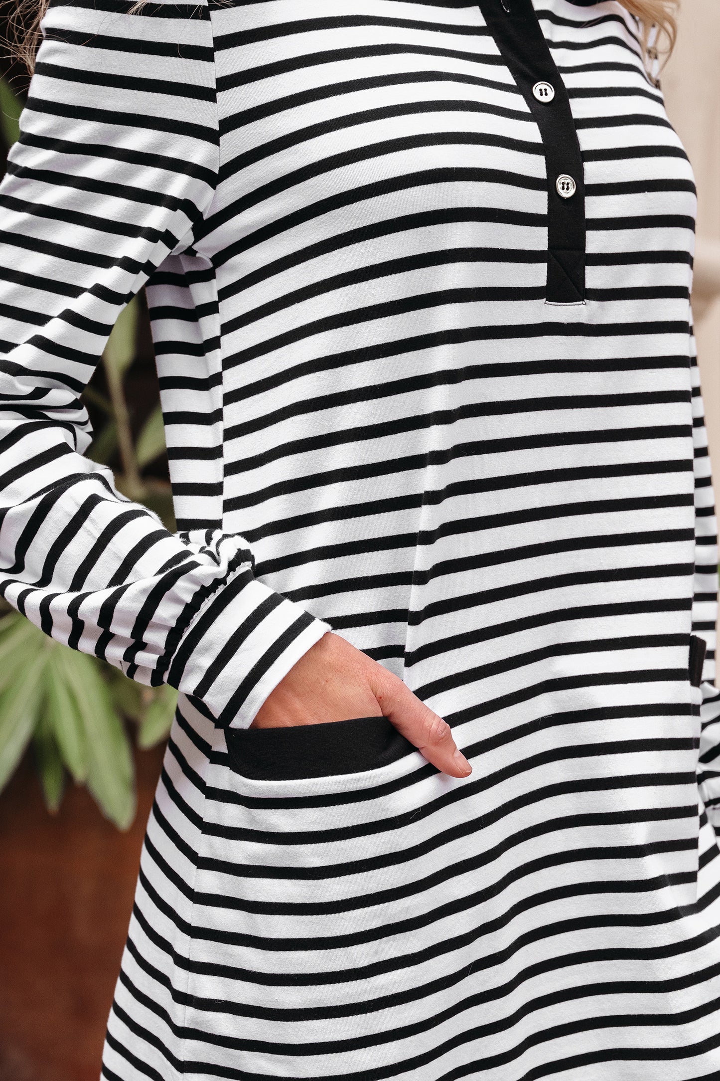 White Stripe Buttoned Front Collared Long Sleeve T Shirt Dress with Pockets