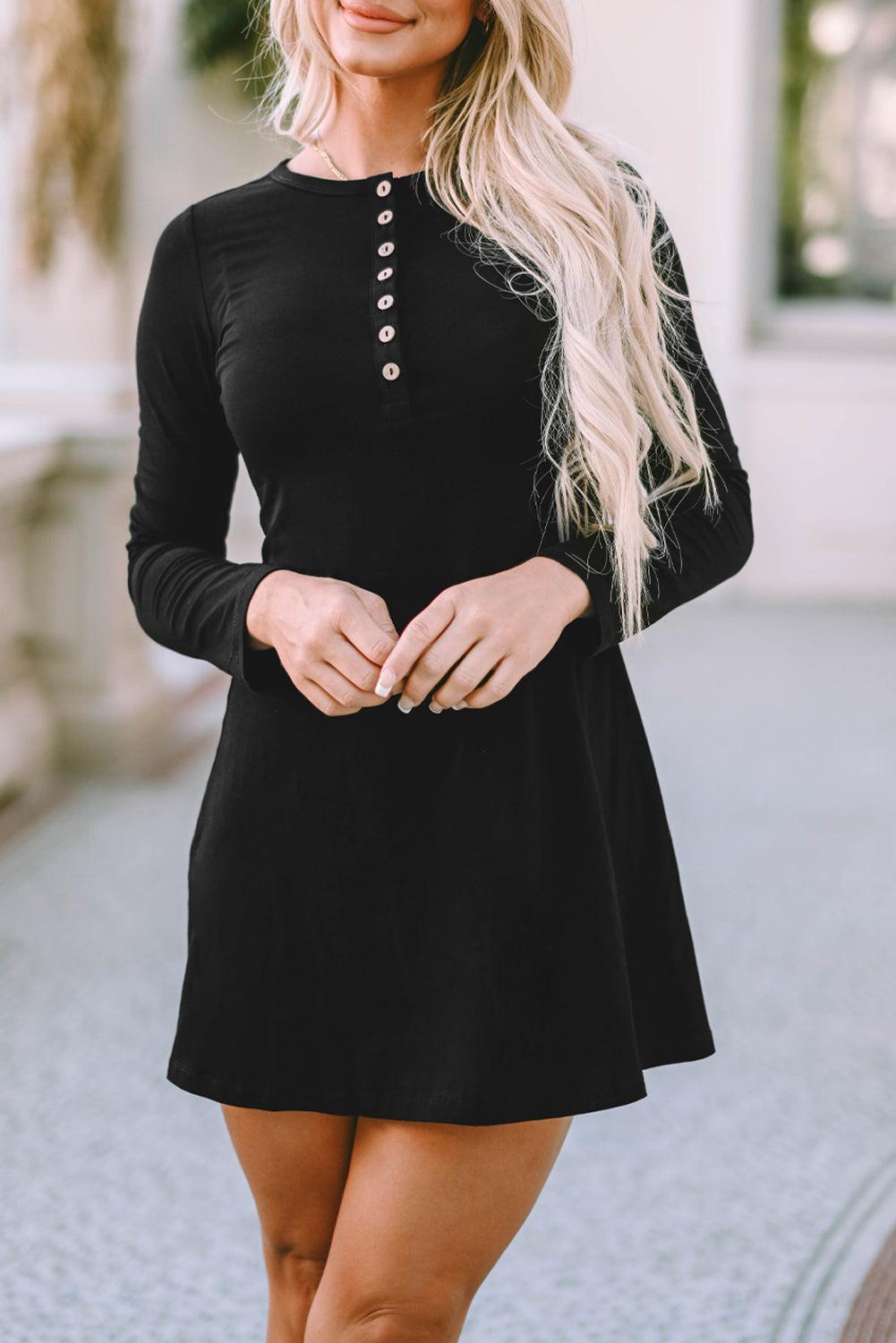 Black Solid Long Sleeve Henley Dress - L & M Kee, LLC