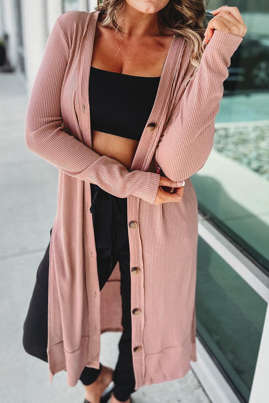 Pink Ribbed Button-Up Split Duster Cardigan - L & M Kee, LLC