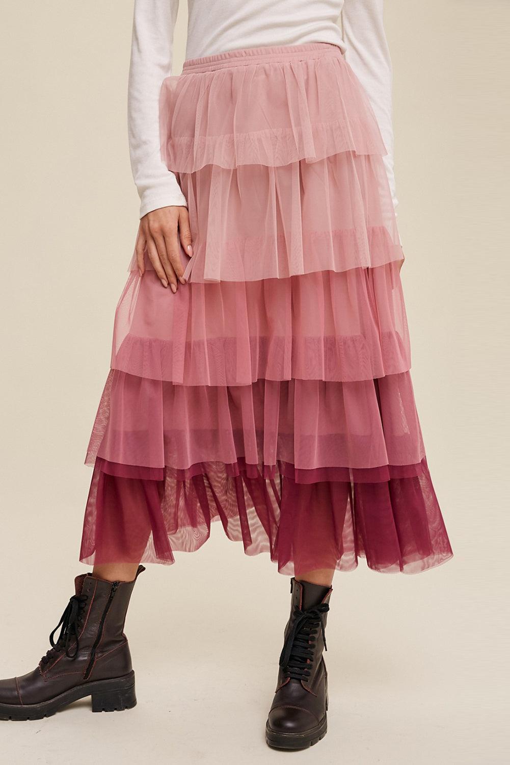 Pink Gradient Ruffle Tiered Mesh Maxi Skirt - L & M Kee, LLC