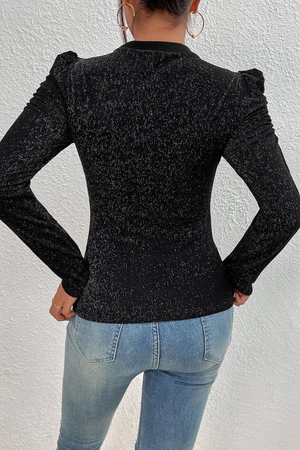 Black Gigot Sleeve Metallic Knit Slim Fit Top - L & M Kee, LLC