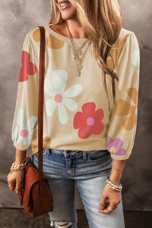 Apricot Cute Flower Print Bracelet Sleeve Top - L & M Kee, LLC