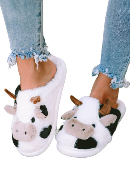 White Cartoon Animal Cow Plush Slippers - L & M Kee, LLC