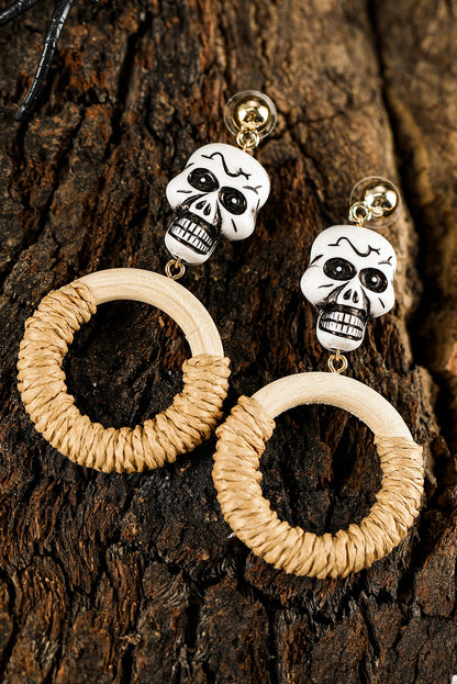 Light French Beige Halloween Skull Straw Ring Dangle Studded Earrings