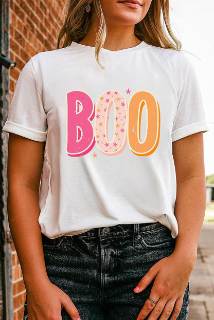 White Halloween BOO Letter Graphic T-shirt - L & M Kee, LLC