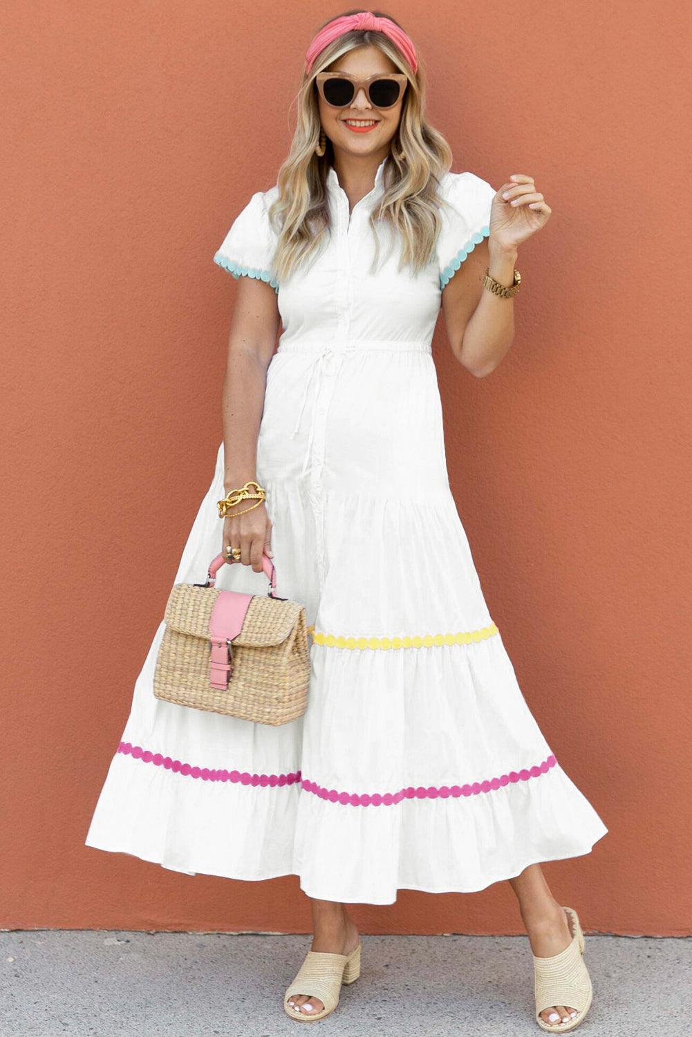 White Colorblock Rickrack Trim Short Sleeve Drawstring Waist Long Dress - L & M Kee, LLC