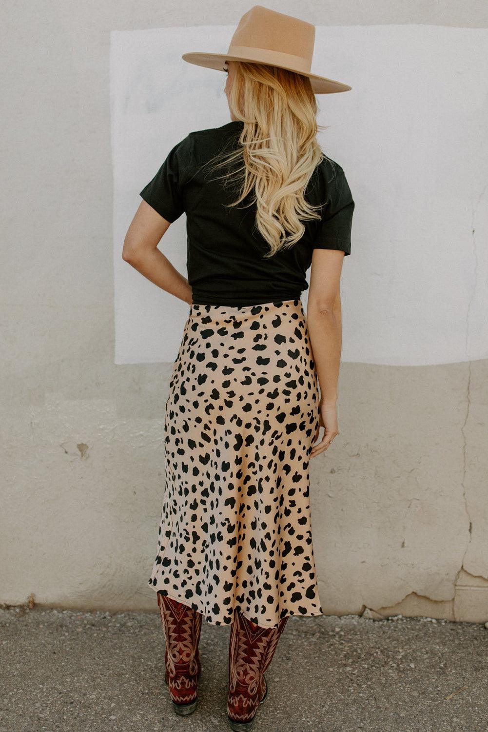 Khaki Leopard Spots Printed Split Hem Midi Skirt - L & M Kee, LLC