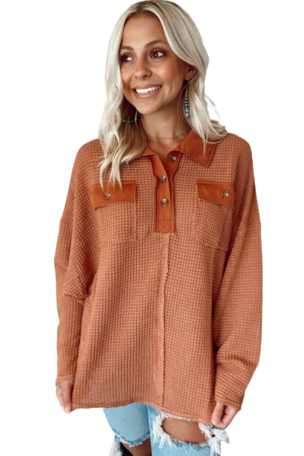 Waffle Knit Button Contrast Trim Long Sleeve Top - L & M Kee, LLC