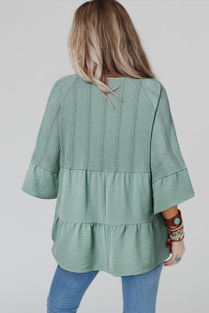 Laurel Green Tie Split Neck Textured Ruffle Patchwork Blouse