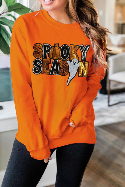 Russet Orange Sequin SPOOKY SEASON Ghost Pattern Halloween Pullover Sweatshirt