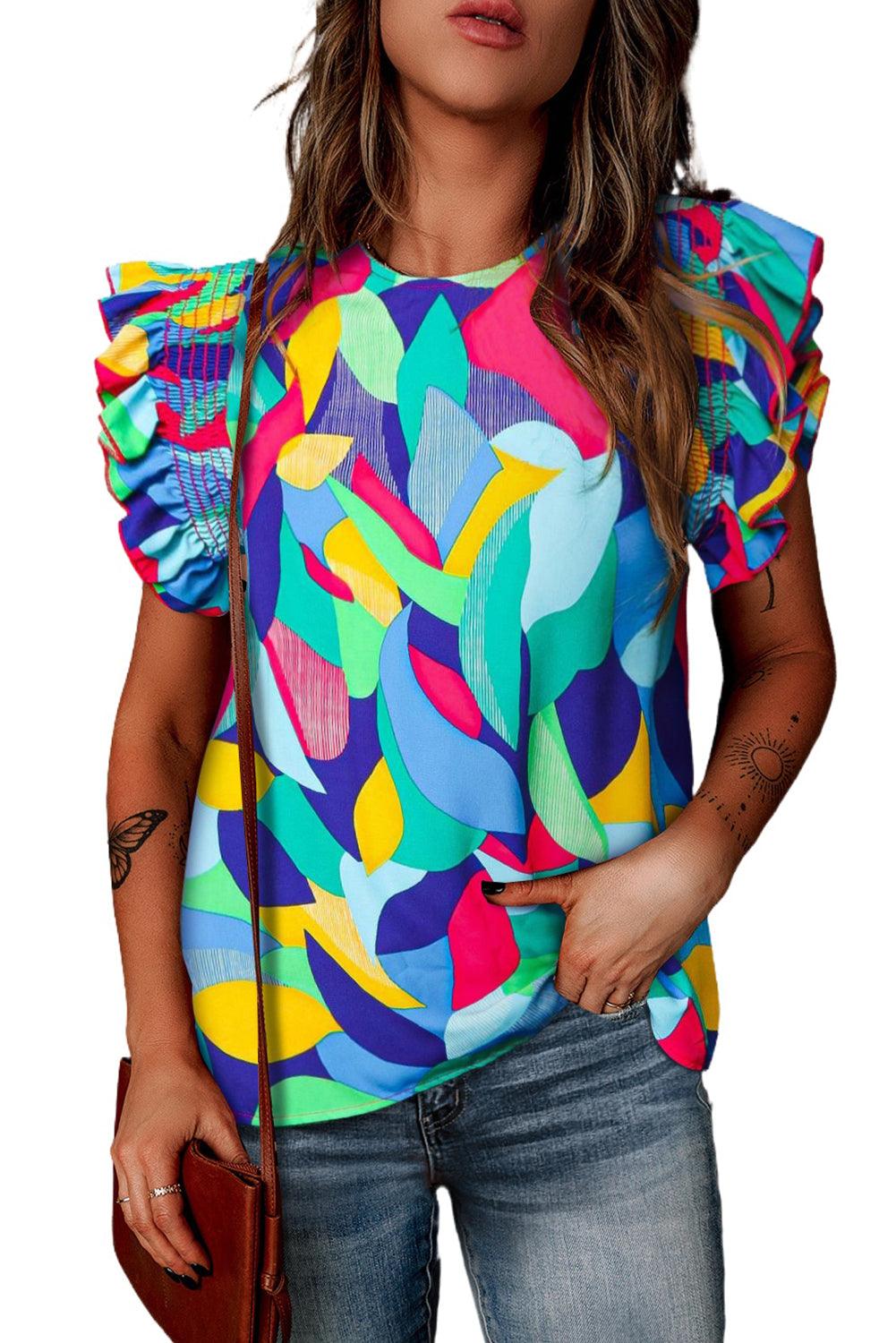 Multicolor Abstract Print Stitching Ruffle Sleeve Blouse - L & M Kee, LLC