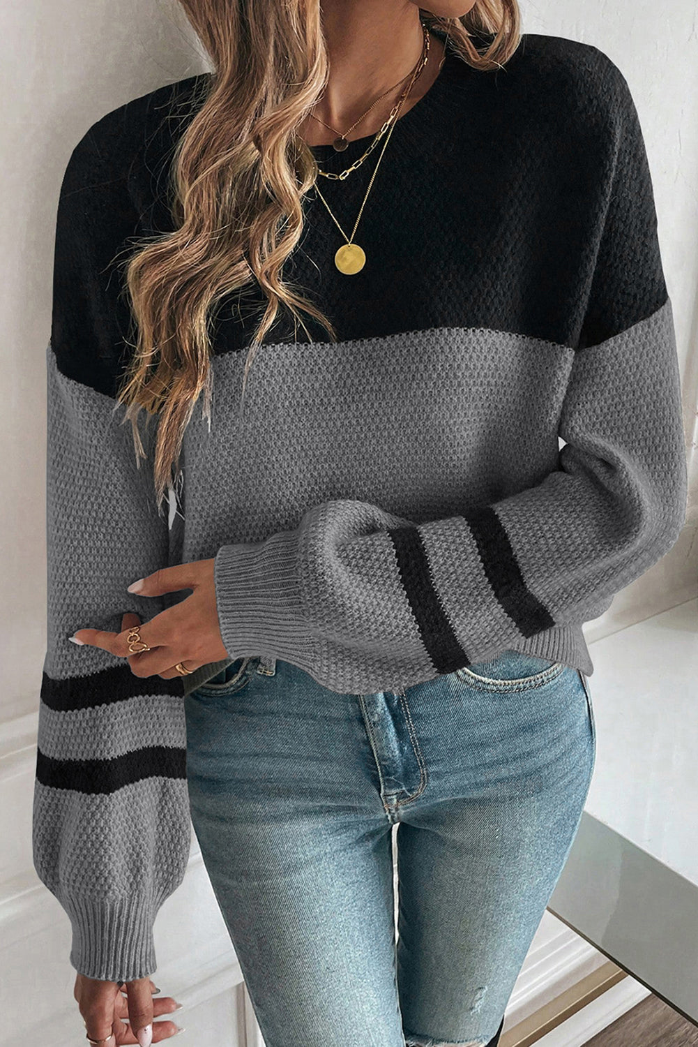 Medium Grey Color Block Knit Striped Sleeve Detail Casual Sweater
