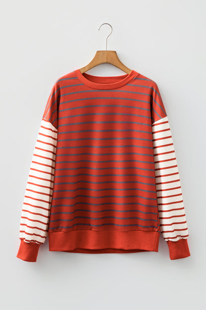 Orange Stripe Contrast Sleeve Patchwork Drop Shoulder Long Sleeve Sweatshirt