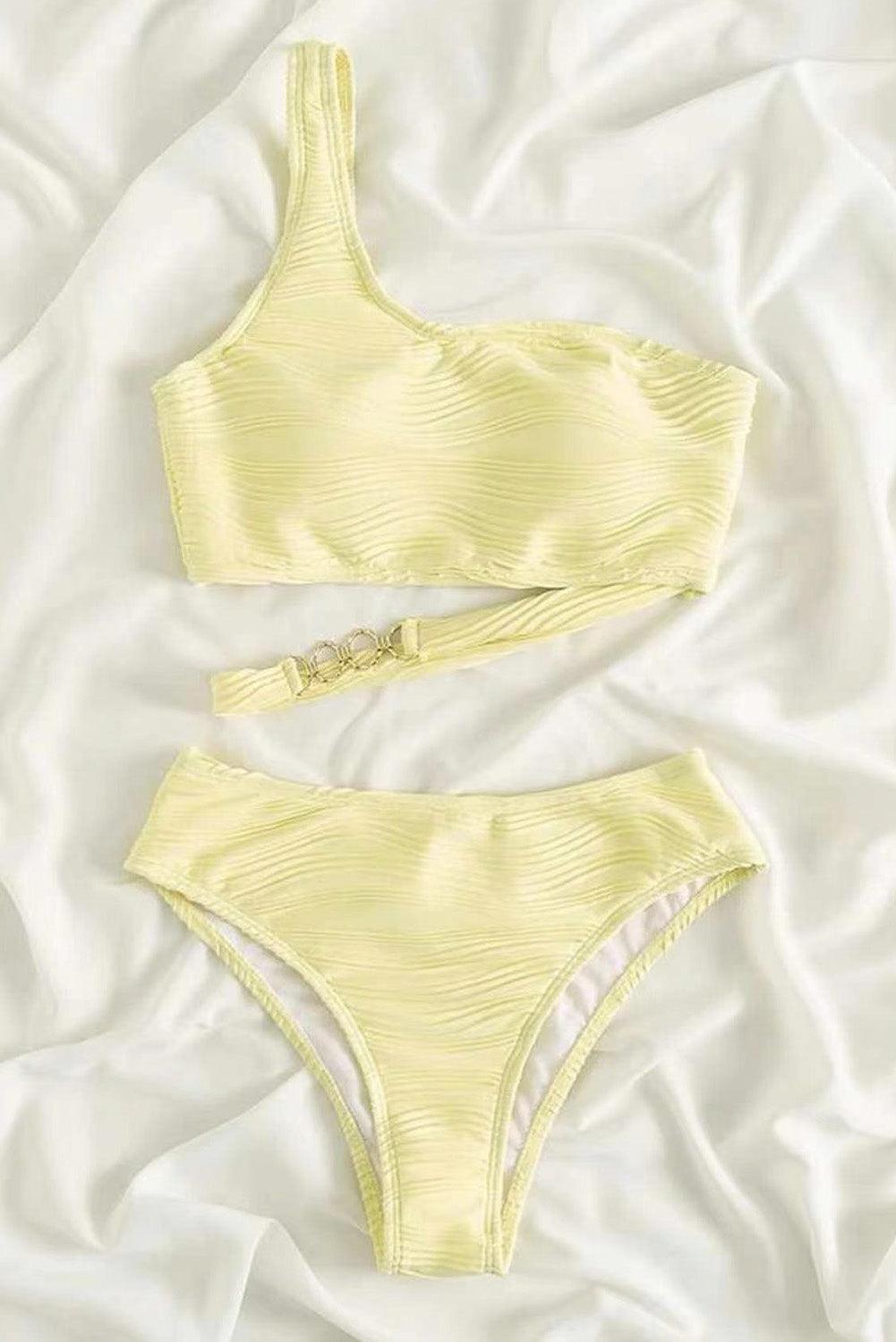 Yellow Cream Wavy Textured Asymmetrical One Shoulder Bikini - L & M Kee, LLC