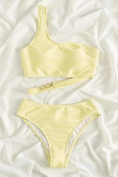 Yellow Cream Wavy Textured Asymmetrical One Shoulder Bikini - L & M Kee, LLC