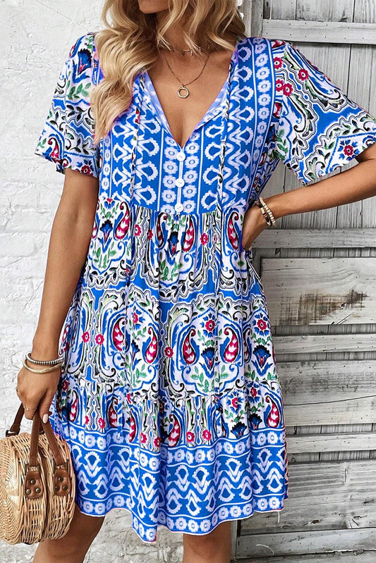 Sky Blue Bohemian Print Tie Neck Ruffle Hem Short Dress - L & M Kee, LLC