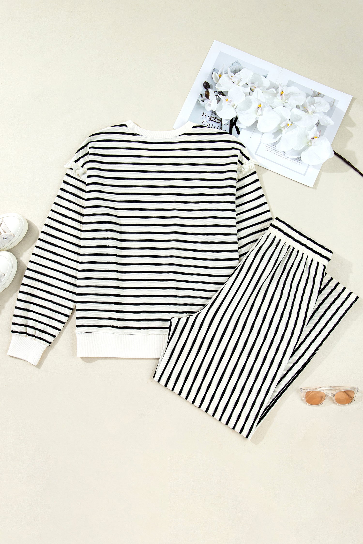 White Stripe Ruffle Trim Drop Shoulder Top Drawstring Loose Pant Set