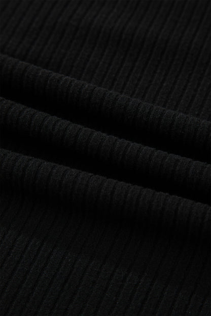 Black Lace Neckline Button Decor Lettuce Edge Long Sleeve Ribbed Top