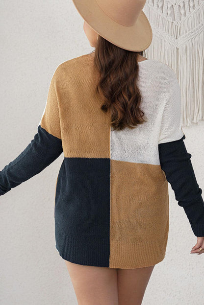 Blue Color Block Side Slit Plus Size Sweater - L & M Kee, LLC