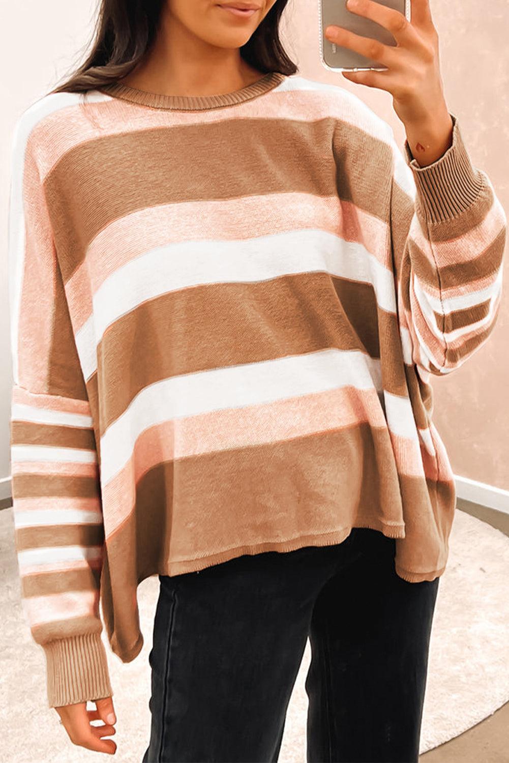 Multicolour Striped Knit Drop Shoulder Loose Sweater - L & M Kee, LLC