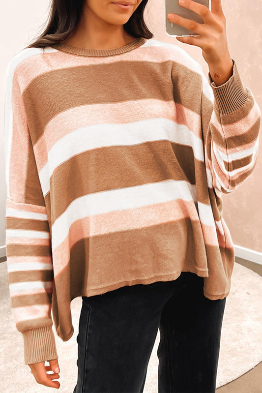 Multicolour Striped Knit Drop Shoulder Loose Sweater - L & M Kee, LLC