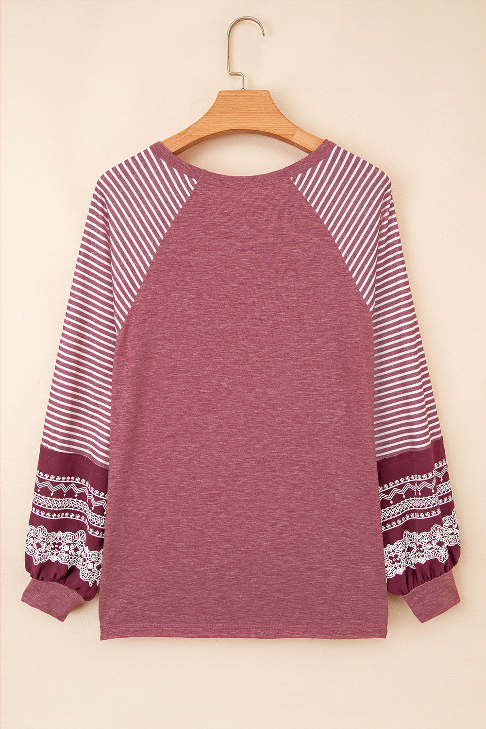 Mineral Red Contrast Print Striped Raglan Long Sleeve Loose Top