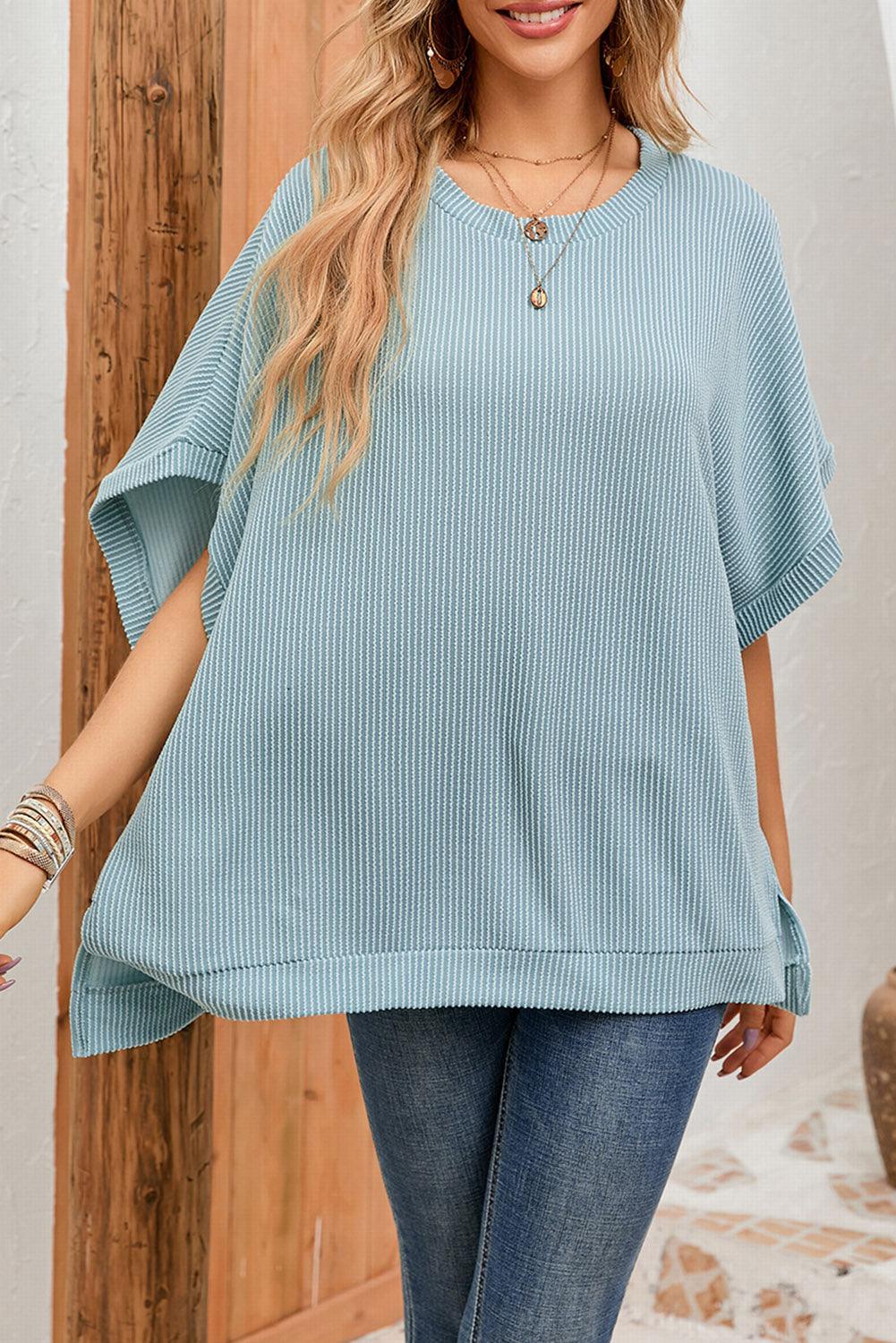 Apricot Ribbed Knit Batwing Sleeve Tunic Oversized T Shirt - L & M Kee, LLC