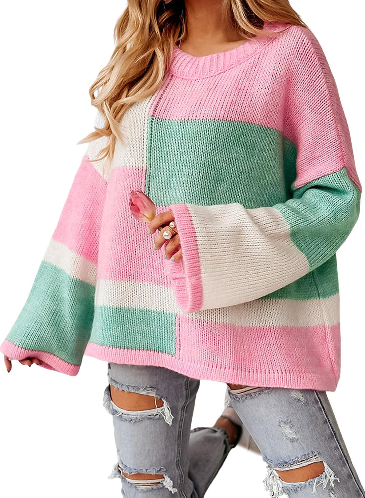 Colorblock Drop Shoulder Bell Sleeve Sweater - L & M Kee, LLC