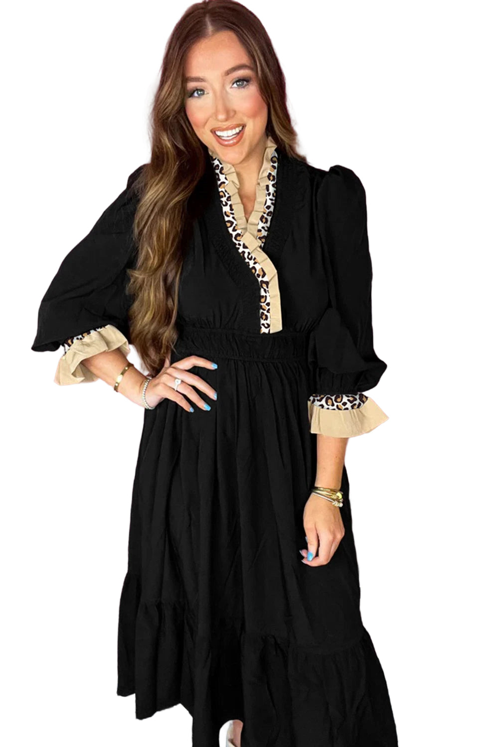 Black Contrast Leopard Frilled Trim V Neck Bracelet Sleeve Midi Dress