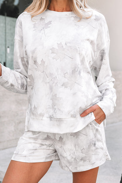 Beige Camo Print Pullover Top and Elastic Waist Casual Short Set