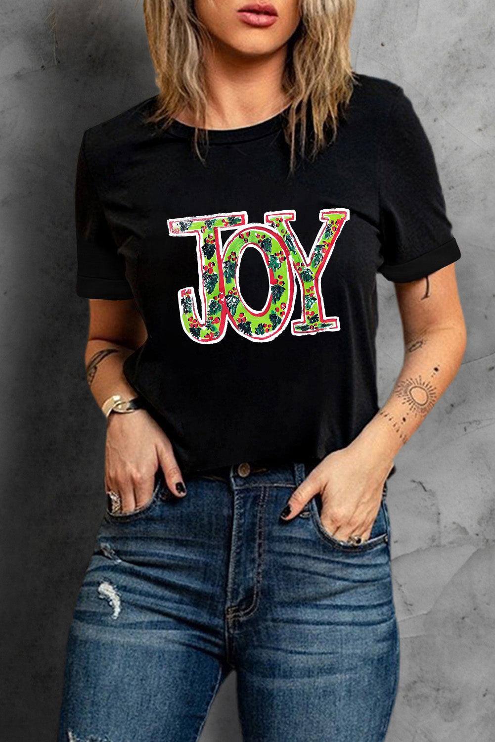 Black JOY Holly Printed Christmas Fashion Tee - L & M Kee, LLC