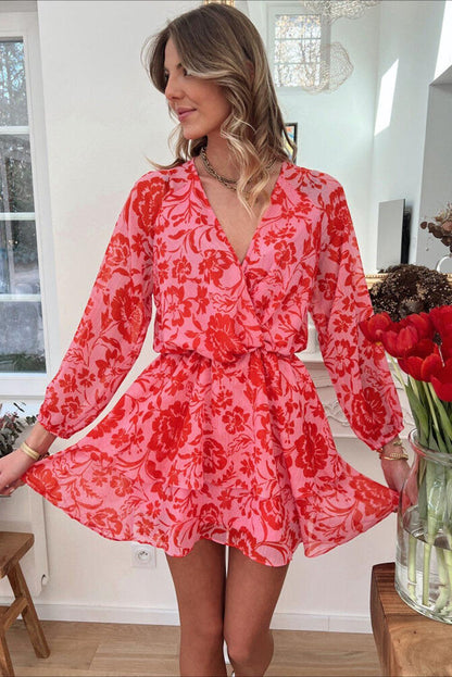 Red Floral Ruffle Layered Puff Sleeve Surplice Dress