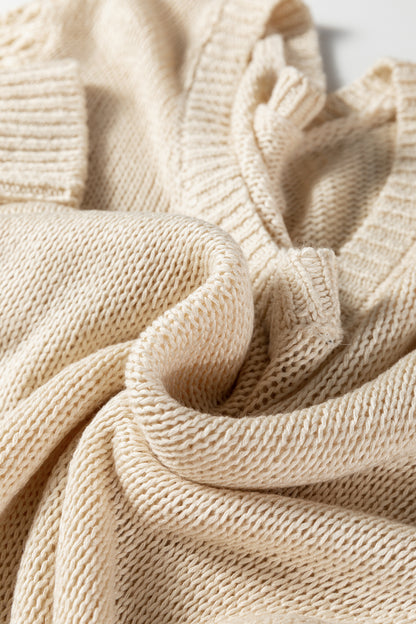 Beau Blue Solid V Neck Pointelle Knit Sleeve Patchwork Sweater